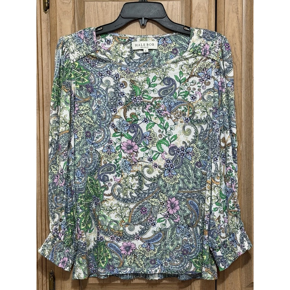 Hale Bob Blouse Top Size Small Green Floral Paisley Pleated Back Ruffle Cuffs
